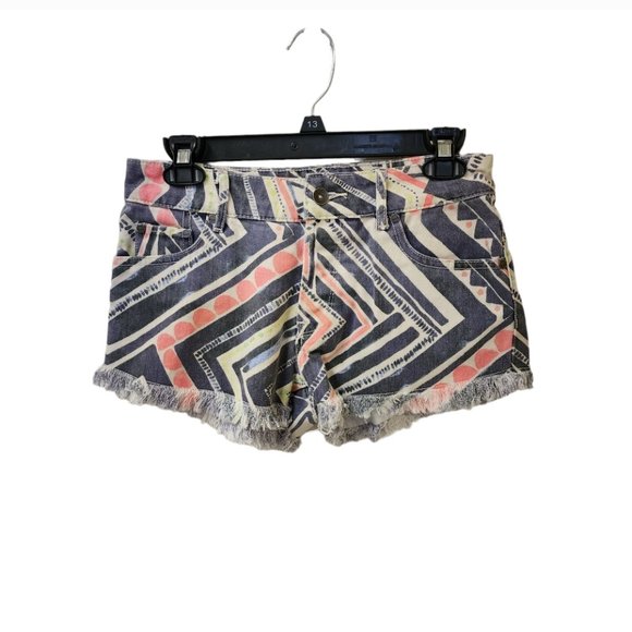 Roxy Button Fly Colorful Aztec Tribal Fringe Boho Jean Shorts Size 25 - Picture 1 of 8